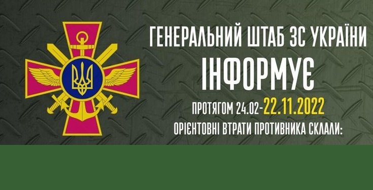Загальні бойові втрати противника з 24.02 по 22.11