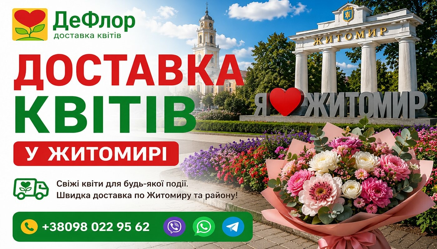 Доставка букетів у Житомирі – ДеФлор Доставка квітів у Житомирі від ДеФлор – букет свіжих квітів на фоні пам’ятки Житомира